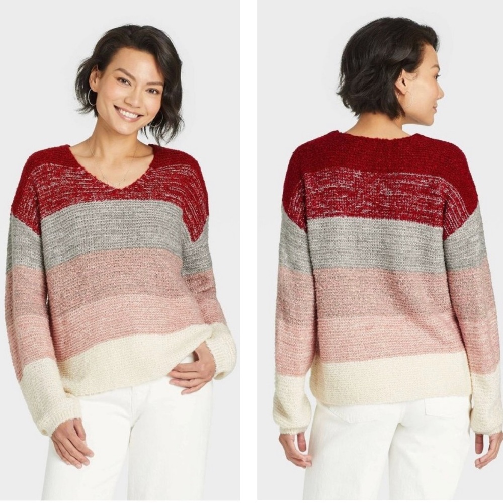 NWT Target Knox Rose Red Pink Gray Cream Stripe V-Neck Sweater